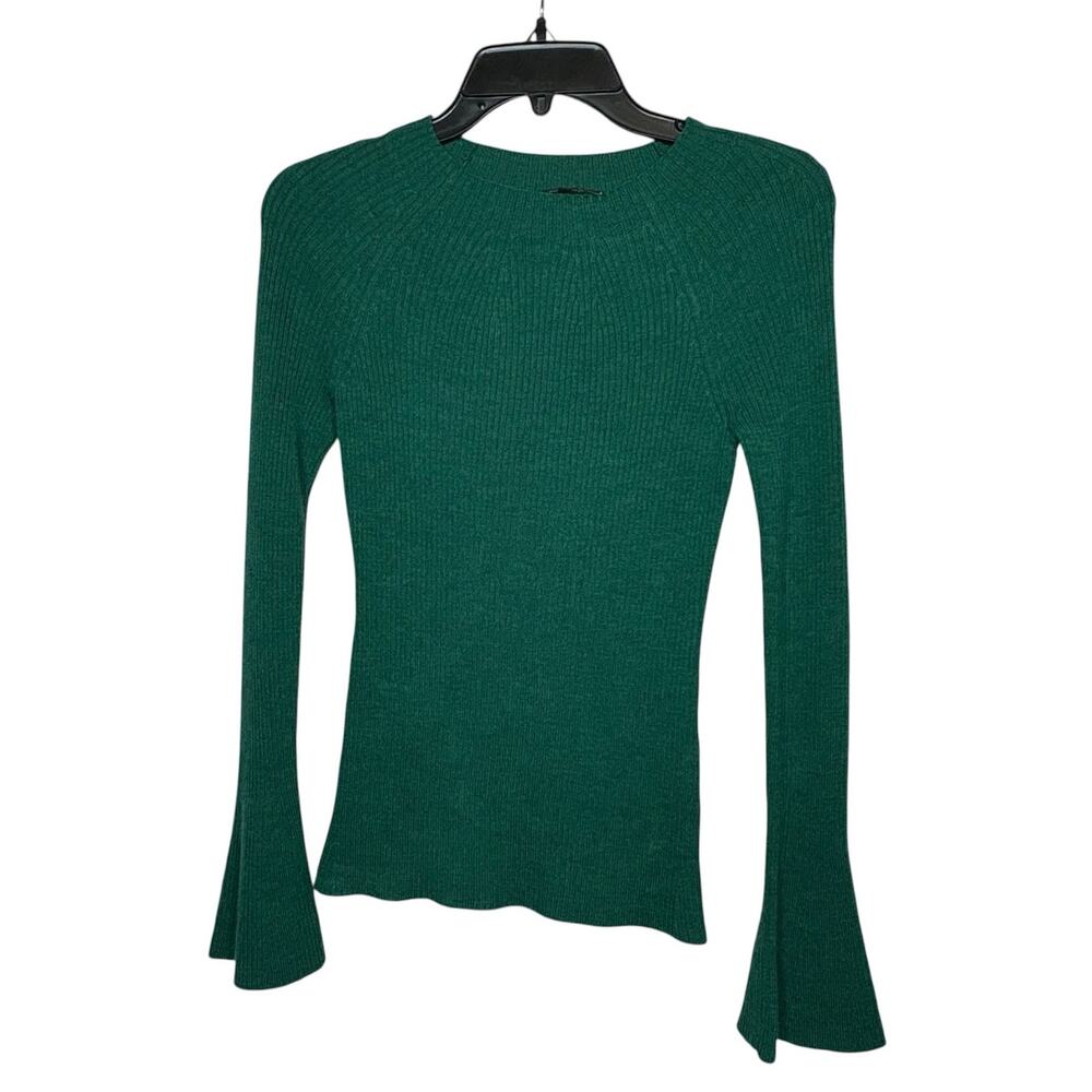 Kobi Halperin Mercer Ribbed Green 100% Wool Quiet Luxury Flare Sleeve Sweater XS